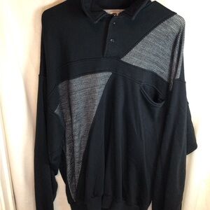 Vintage AOK Mens Long Sleeve Polo Shirt Black Gray Asymmetrical XLT